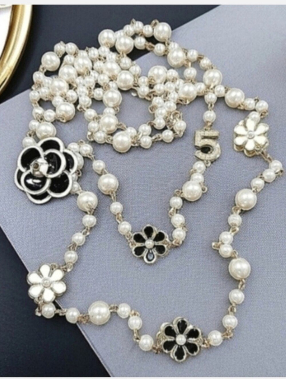 Luxury Ethereal Camellia Flower Gold Pearl 2 Strand 36" Statement Necklace